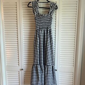 Navy and White Gingham Smocked Maxi Dress